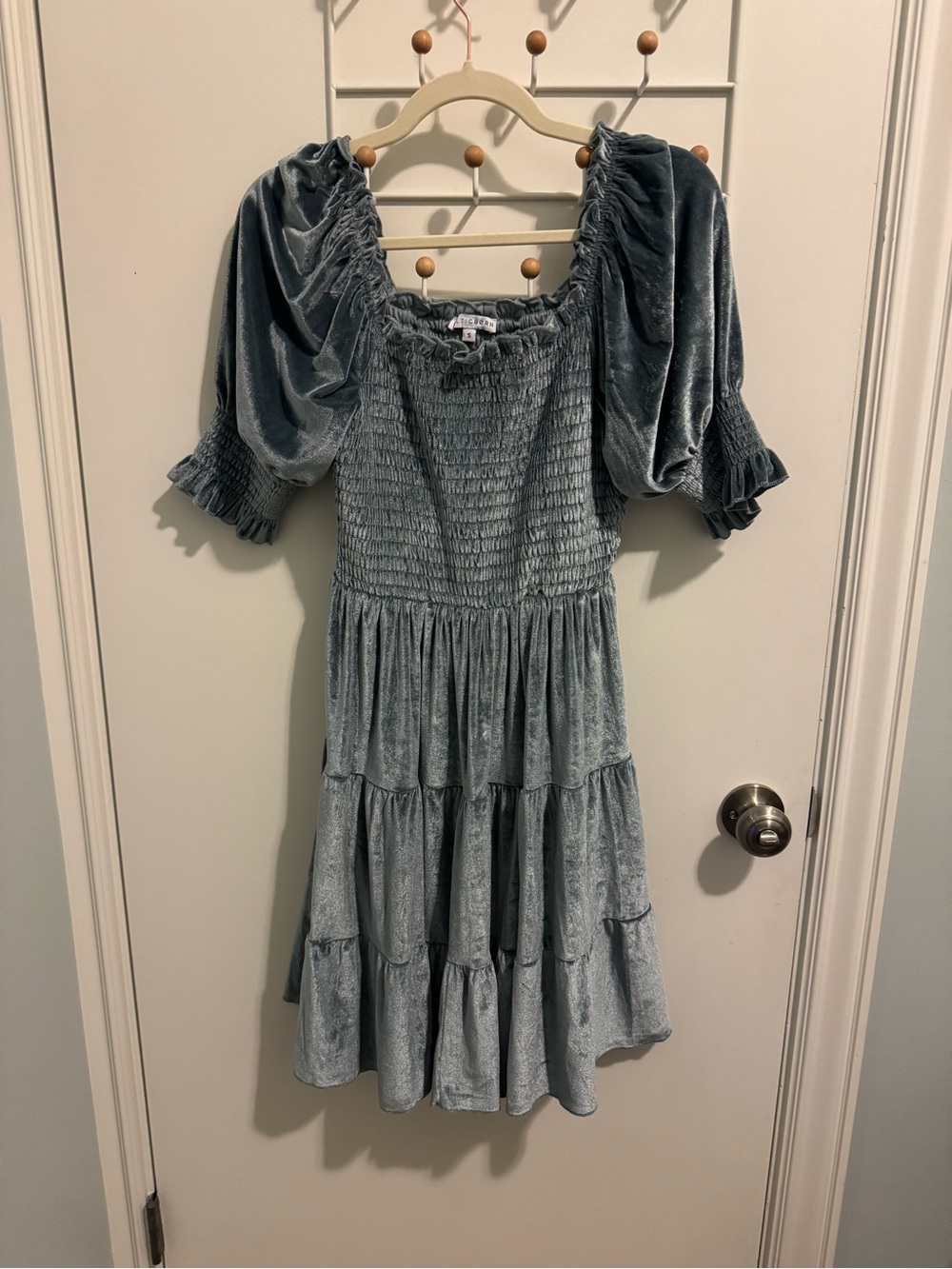 Smocked Velvet Tiered Puff Sleeve Dress - Dusty Blue